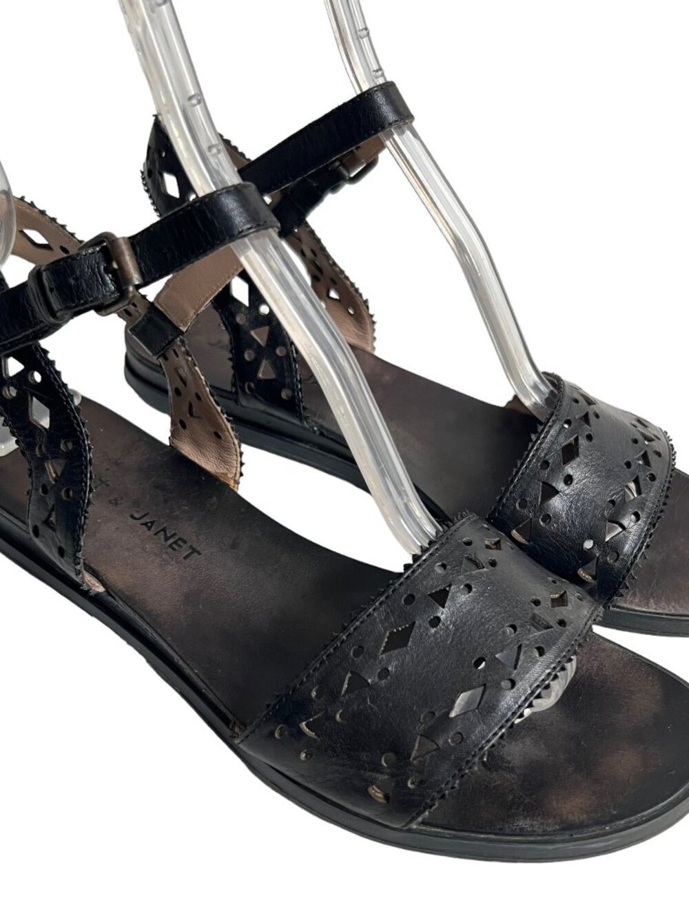 Janet Janet sandals black leather ankle strap flat 39 8.5 9 cut outs